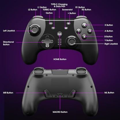Saitake Wireless Switch Controller for Nintendo Switch/Switch 2/Lite/OLED/PC,Gamepad Supports Dual Vibration/6-Axis Gyroscope/Programmable/Turbo,Ergonomically Designed Precise Joystick - color: Black