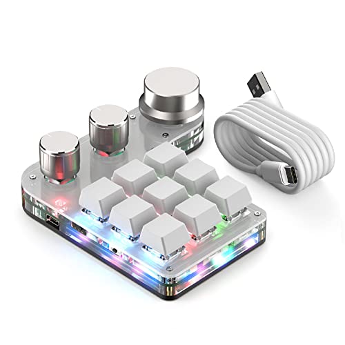 Yoidesu 9 Keys One Handed Mechanical Gaming Keyboard, Mini Keypad Programmable Macro Keyboard with 3 Knobs, USB Shortcut Multifunction Keyboard for PC Computer Gaming (White)