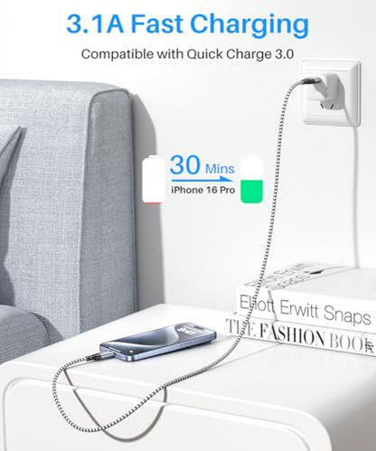 USB C Data Cable 10Gbps Sync 3ft, 3.2 Gen2 USB A to USB C 3.1A Fast Charging & High Speed Data Transfer Cable for iPhone 16/16 Pro Max/15 CarPlay, Samsung Galaxy S24/S23/S22/S21/S20 Android Auto - color: Black-and-White, size: 3FT