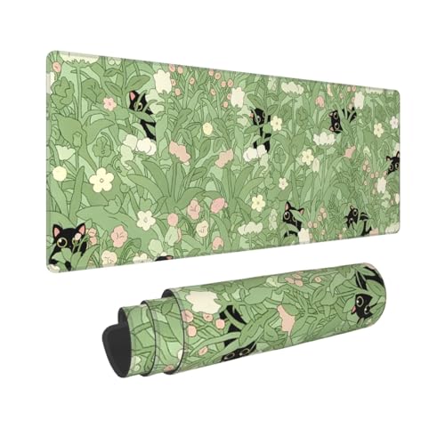 Large Gaming Mouse Pad Desk Mat, Kawaii Black Cat and Floral Extended Keyboard Mouse Pad Mousepad with Non-Slip Base and Stitched Edge Mouse Mat Desk Pad Mouse Pads for Desk Home Office, 31.5 x 11.8 - color: Kawaii Black Cat