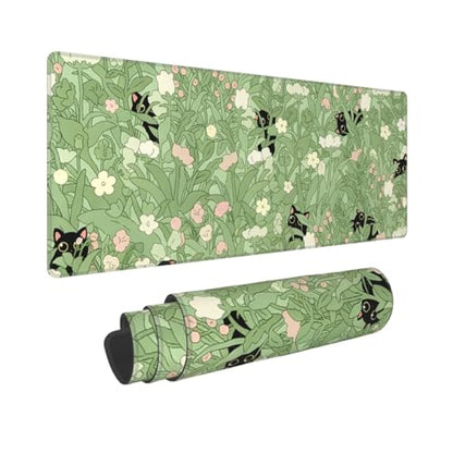 Large Gaming Mouse Pad Desk Mat, Kawaii Black Cat and Floral Extended Keyboard Mouse Pad Mousepad with Non-Slip Base and Stitched Edge Mouse Mat Desk Pad Mouse Pads for Desk Home Office, 31.5 x 11.8 - color: Kawaii Black Cat