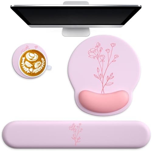 3 in 1 Ergonomic Mouse Pad and Keyboard Wrist Rest with Coaster Set-Pink | Cute Large Mousepad with Gel Wrist Support for Gaming Computer Laptop Women Office Home Desk Decor - color: C1-Pink with Little Flower