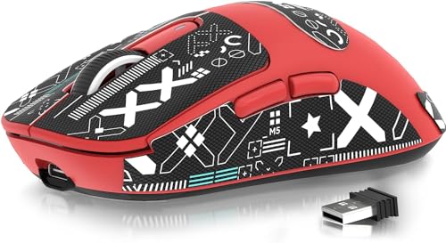 ATTACK SHARK X3 Wireless Gaming Mouse, 49g Bluetooth/2.4G/USB-C Ergonomic Computer Mouse, PAW3395 26K DPI Sensor, 200h Battery Life, Programmable Buttons Griptape, Gaming Accessories for PC/Laptop/Mac - color: Red & Griptape