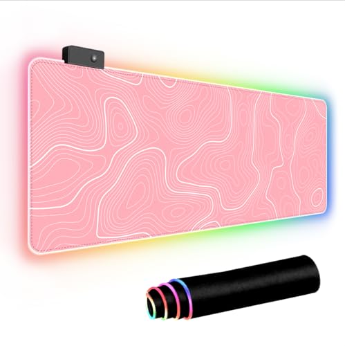 Pink RGB Mouse Pad LED Desk Mat Large Gaming Mousepad Pink and White Line Design, Keyboard Pad XL Mouse Mat for Home and Office - color: Pink With White Topographic Line