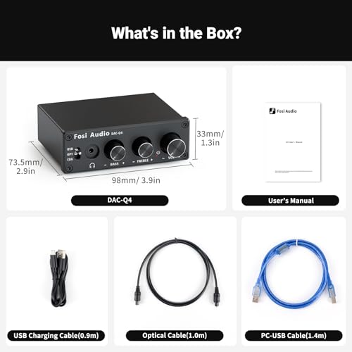 Fosi Audio Q4 DAC Headphone Amp for PC, Desktop Digital to Analog Audio Converter for Home Stereo Amplifier and Powered Speakers, PC-USB/Optical/Coaxial Inputs, 3.5mm Headphone/RCA Outputs