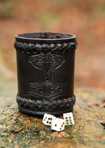 Ulfberth - Viking dice Cup with Embossed Motif - Genuine Leather - Medieval Leather Cup with Engraving (Thor's Hammer Style, Black) - color: Thor's Hammer, Black