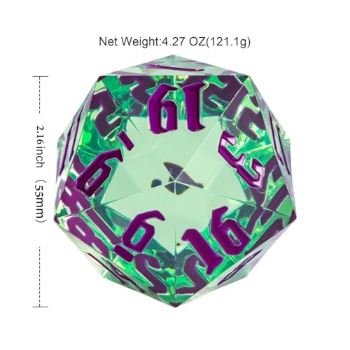 55mm 20 Sided DND Dice, Giant D20 D&D Polyhedral Dice Large D20 with Die Gift Box for Dungeons and Dragons, RPG Table Games (Transparent Green/Purple Numbers) - color: Transparent Green/Purple Numbers