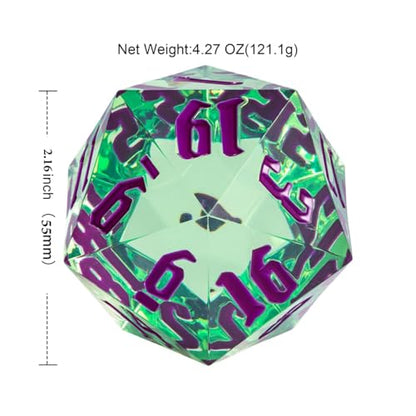 55mm 20 Sided DND Dice, Giant D20 D&D Polyhedral Dice Large D20 with Die Gift Box for Dungeons and Dragons, RPG Table Games (Transparent Green/Purple Numbers) - color: Transparent Green/Purple Numbers