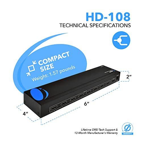 OREI 1080p 1x8 HDMI Splitter, 1 Port to 8 HDMI Display Duplicate/Mirror - Powered Splitter Ver 1.3 Certified for Full HD 1080P High-Resolution 3D Support (One Input to Eight Outputs) (Pack of 2) - size: 1x8 (Pack of 2)