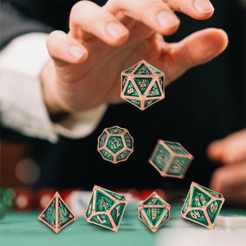 Metal Dice Set, Fly Dragon Pattern, 7pcs Polyhedral Metal DND Dice Set, DND Starter Set, D&D Gifts with Gift Box, Role Playing Board Games Accessories, Green ﻿ - color: Green