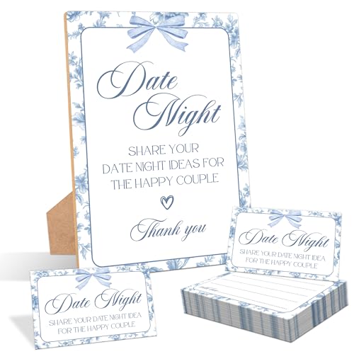 Something Blue Before I Do Date Night Bridal Shower Game, Pack of 1 Wooden Tabletop Sign with Stand and 50 Date Night Cards, Vintage Bridal Shower Decorations, Wedding Engagement Decor - YN04 - color: Something Blue