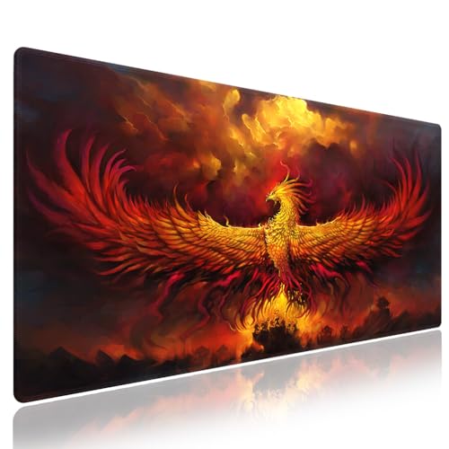 Golden Fire Phoenix Rebirth Art Large Mouse Pad, Fantasy Painting Desk Mat | Keyboard Mat Stitched, 31.5" x 11.8", Mythical Bird Creature Rising From Ashes, Red Orange Clouds Landscape, Anti-Slip - color: Vibrant Design J15K