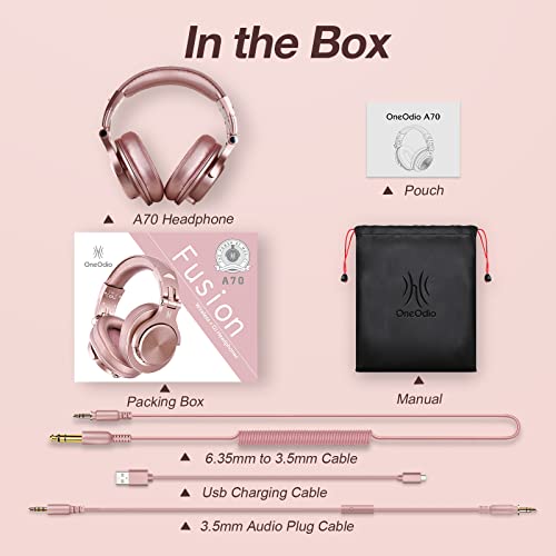 OneOdio A70 Bluetooth Over Ear Headphones, Wireless Headphones w/ 72H Playtime, Hi-Res, 3.5mm/6.35mm Wired Audio Jack for Studio Monitor & Mixing DJ Guitar AMP, Computer Laptop PC Tablet - Rose Gold - color: Rose Gold