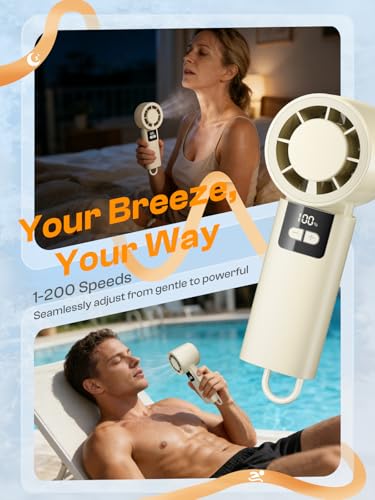 200 Adjustable Speed Portable Handheld Fan, 5000mAh Turbo Mini Fan for Personal Cooling, 3H Fast Charge Small Travel Fan with LED Power Display, Desk Use, Ideal for Hot Flash, Travel, Outdoor (Amond)
