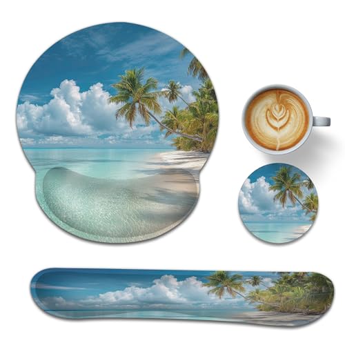 Wrist Rest Support for Mouse Pad Keyboard Set, Hawaii Beach Palm Tree Mouse Pad with Non Slip Rubber Base for Home and Office Typing Support - color: Hawaii Beach Palm Tree