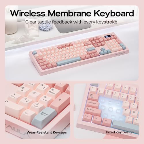 EPOMAKER Aula S102 PRO Membrane Gaming Keyboard with TFT Screen, Volume Knob & Number Pad, BT/2.4G/USB, RGB Backlit, Creamy Silicone Structure, Silent Keyboard for PC Game/Office (Pink) - color: Pink