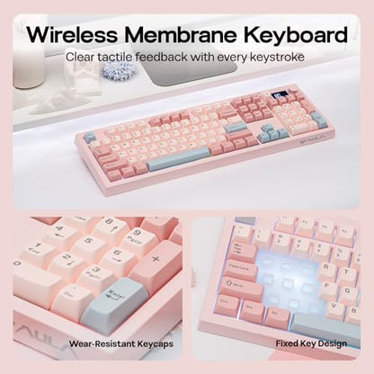 EPOMAKER Aula S102 PRO Membrane Gaming Keyboard with TFT Screen, Volume Knob & Number Pad, BT/2.4G/USB, RGB Backlit, Creamy Silicone Structure, Silent Keyboard for PC Game/Office (Pink) - color: Pink