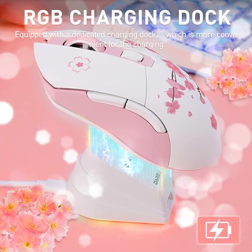 DAREU Sakura Pink Wireless Gaming Mouse with Charging Dock Rechargeable RGB,12K DPI,6 Programmable Buttons High-Precision Sensor [300IPS] [1000Hz] for PC Notebook Mac - color: Sakura Pink & Charging Dock
