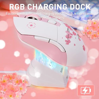 DAREU Sakura Pink Wireless Gaming Mouse with Charging Dock Rechargeable RGB,12K DPI,6 Programmable Buttons High-Precision Sensor [300IPS] [1000Hz] for PC Notebook Mac - color: Sakura Pink & Charging Dock