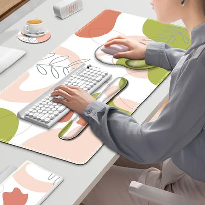 Gaming Mouse Pad, Large Desk Mat, Cute Desk Pad Protector, 4 in1 XXL Mousepad + Keyboard Wrist Rest+Mouse Wrist Rest+Coaster Set with Ergonomic Desk Pad for Home Office Table Computer Pink Rose - color: Pink Rose