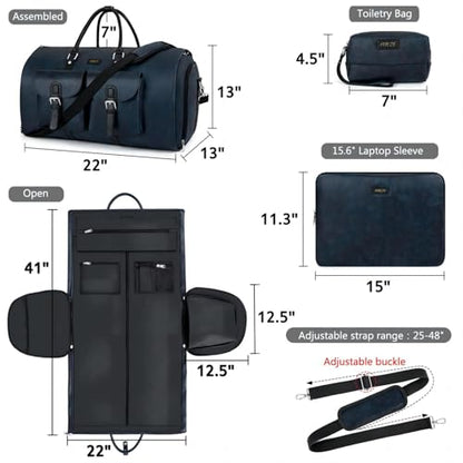 Garment Bag for Travel Convertible Carry on Travel Duffel Bag for Men Women | 3PCS Large Weekender Bag with Waterproof Shoes Pouch 2 in 1 Hanging Clothes Suit Dress Bag Travel Garment Duffel Bag 56L - color: A4-Blue-Faux Leather