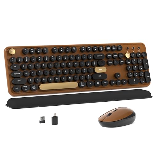 MPTOG Colorful Wireless Computer Keyboard and Mouse Combo with Round Typewriter Keycaps, Retro Design, Power Switch, Ergonomic Design, 2.4GHz Wireless for Windows, Mac, PC(Black-Brown) - color: Black-Brown