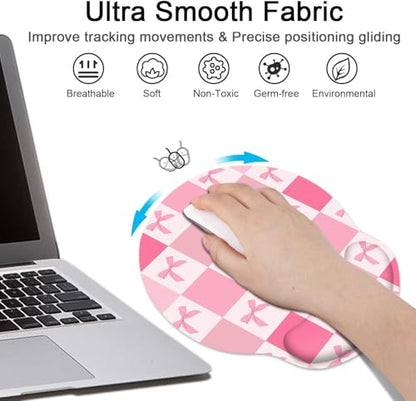 Ergonomic Mouse Pad Set with Wrist Rest, Pink Bow | Checkered Kawaii Non-Slip Rubber Base Wrist Cushion Support and Coasters Mousepad with Wrist Support for Computer Keyboard - color: Pink Retro