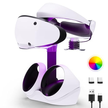 Charging Station for PSVR 2, Multifunction PSVR2 Stand with 7 RGB Light, Headset Display Stand, Dual Controllers Charger Dock, Magnetic Connector, Type-C Cable