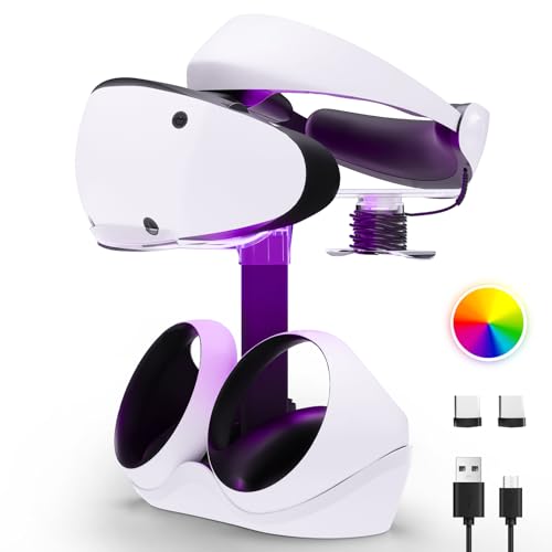 Charging Station for PSVR 2, Multifunction PSVR2 Stand with 7 RGB Light, Headset Display Stand, Dual Controllers Charger Dock, Magnetic Connector, Type-C Cable