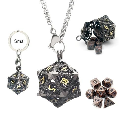 Haxtec Mini Metal DND Dice Set, D20 Hollow Cage Pendant Necklace & Keying | Portable 6mm Micro 7PCS D&D Dice, Cool Charm DND Accessories, For RPG Travel, Unique Gifts for Dungeons and Dragons Players - color: Black Gold & Copper