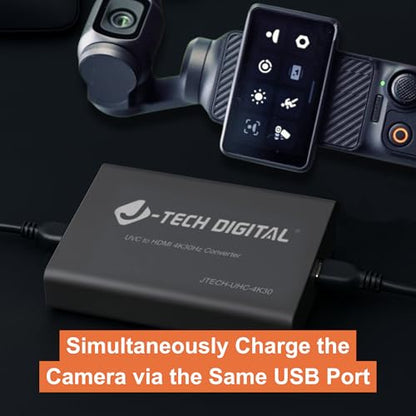 J-Tech Digital UVC to HDMI Converter Adapter 4K 30Hz, USB Camera to HDMI Output with On-Screen Controls, Live Streaming Support, Camera Charging, Works with UVC Webcams Capture Cards [JTECH-UHC-4K30]