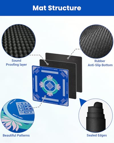 Mahjong Mat for Table, 32.4×32.4 Non-Slip Rubber Mahjong Mats with 2026 Mahjong Card, Neoprene Mah Jong Mat with Carrying Bag for Poker, Board Games,Dominoes,Cards & Tile Games - color: Blue