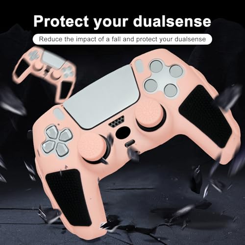 Anti-Slip Peach Pink PS5 Controller Skin,Soft Thicken Studded Protective Silicone Cover Skin Grips Compatible with PS5/Slim/Pro Controller and 8 PCS Thumb Grips Caps. - color: Peach Pink & Black