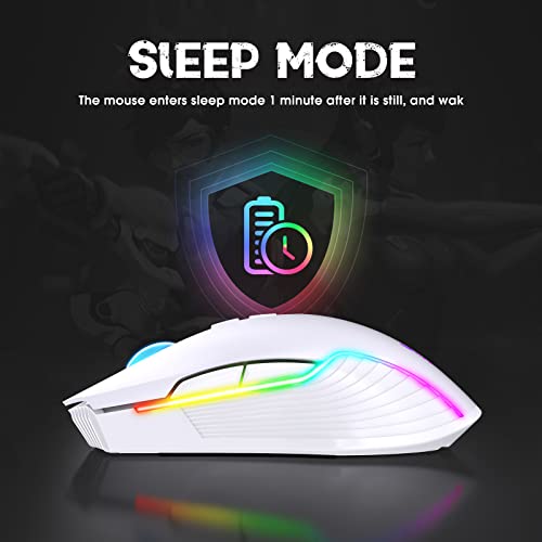 PHNIXGAM RGB Backlight Rechargeable Wireless Gaming Mouse for PC, White | Ergonomic mouse, up to 3600 DPI, 7 non-programmable buttons, works with Vista/Linux/Mac, 2.4G USB included