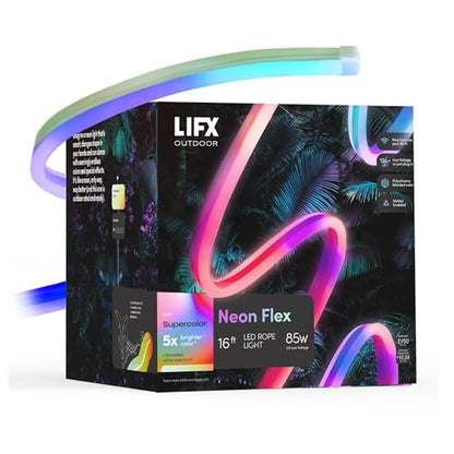 LIFX Neon Flex Rope Lights - 16ft Outdoor LED Rope Light - Compatible with Alexa | Matter Certified, Apple Homekit, WiFi 2.4GHz, Polychrome 60 Zones, RGB 1500-9000K, 2150 lm, IP67, for patios, eaves, pathways - style: 16FT Outdoor