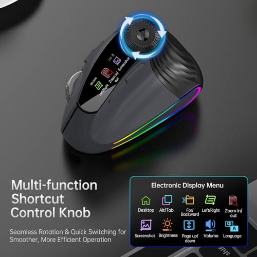 Ergonomic Vertical Mouse Wireless, Rechargeable Bluetooth Ultra-Fast Scrolling 4800 DPI Ergo Mouse, 2.4G Quiet Clicks 6 Buttons RGB Optical Mice, 3 Multi-Device Connectivity for Mac, Laptop - color: Matte Black