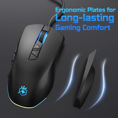 Wired Gaming Mouse with Side Plates, MMO Mouse with 14 Programmable Buttons, Ergonomic Gaming Mouse with 2 Grip Plates, Computer Mouse with Max 12,400 DPI, RGB Lighting, Grip Tape Included