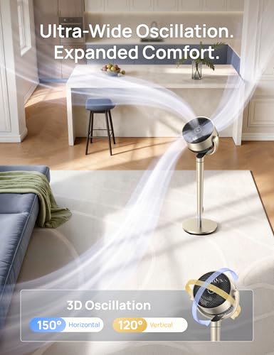 Dreo Pedestal Fan with Smart Control, 43'' Inches, 150°+120° Omni-Directional Oscillating Quiet Fans for Bedroom, 110ft Circulator Fan with DC Motor, 9 Speeds, 6 Modes, 12H Timer, Wi-Fi/Voice/Alexa - color: Gold