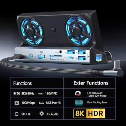 YCE Dual Fan Steam Deck Dock Multi-Port Docking Station for Handheld Gamers (8K-12-in-1) - color: 8K-12-in-1