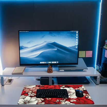 Desk Pad, Red and White Flowers Desk Mat, Retro Red Floral Large Gaming Mouse Pad, 31.5"x15.7" Extended Big Computer Keyboard Mouse Pad with Non-Slip Base and Stitched Edge - color: Red and White Flowers