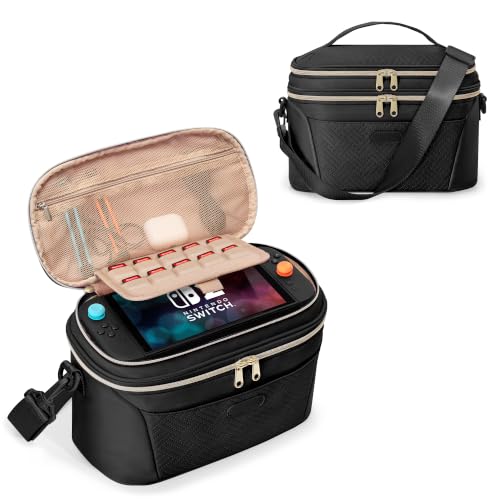 PGmoon Dual-Layer Carrying Case Compatible with Nintendo Switch 2 on Trips | Multi-Storage for 10 Game Cards, Dock, Controllers, Charger Accessories, Lightweight & Compact Design for Women - color: Black