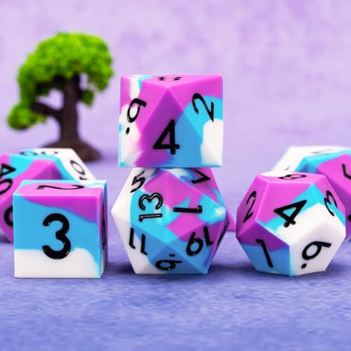 Silicone DND Dice,Polyhedral D&D Dice Set,Rubber Sharp Edges Soft Perfect Bouncer for Dungeons and Dragons, RPG, MTG (D4, D6, D8, D10, D12, D20, D%) for Ages 15 and Up - color: Blue Purple White