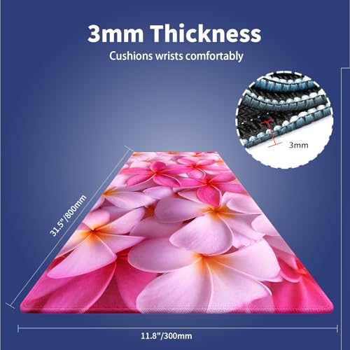 Girly Tropical Plumeria Flowers Large Mouse Pad, Bliss Close-up Desk Mat | Vibrant Red Hot Pink Exotic Hawaii Floral, 31.5" x 11.8", XXL Gaming/Office Durable Stitched Keyboard Mat, Smooth, Anti-Slip - color: Plumeria Flowers Bliss