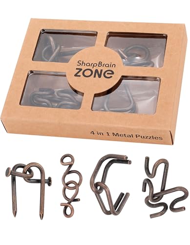4-in-1 Puzzle Grey Twist Set by Sharp Brain Zone - Premium Metal Brain Teaser Collection, Durable Iron Puzzle Games for Stress Relief, Focus, Relaxation and Fun Challenges - style: Grey Twist