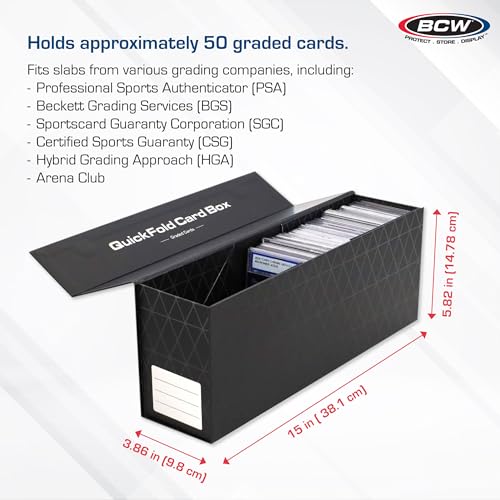 BCW QuickFold Card Boxes for Graded Cards - Black | Magnetic Closure Card Storage Box | Holds 50 Slabs for Graded Cards Each | Compatible with PSA, BGS, SGC | Easy to Assemble (3 Pack)