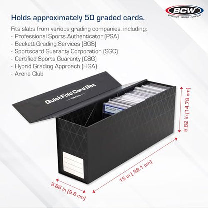 BCW QuickFold Card Boxes for Graded Cards - Black | Magnetic Closure Card Storage Box | Holds 50 Slabs for Graded Cards Each | Compatible with PSA, BGS, SGC | Easy to Assemble (3 Pack)