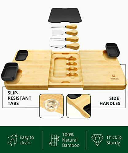ROYAL CRAFT WOOD Extra Large Bamboo Charcuterie Boards - Large Charcuterie Board Set w/ 3 Sauce Bowls, 4 Knives & Slate Plate - Unique Cheese Board & Serving Tray - Ideal Housewarming Gift - style: 5-8 Guests