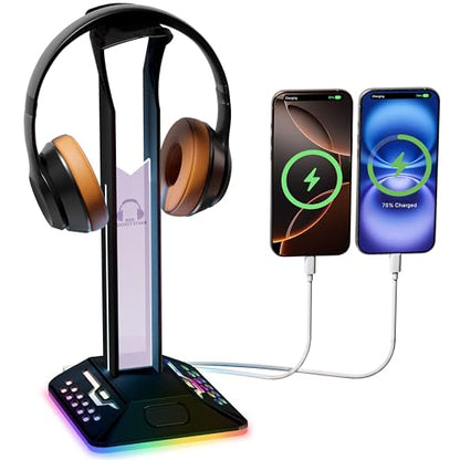 RGB Headphone Stand with 2 USB 2.0 Extension Charging Port Extender Cord,Desk Gaming Headset Holder,Cool LED Headphone Holder PC Gaming Accessories,Gamer Gifts