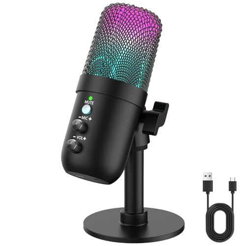 USB Microphone, Computer Condenser Mic with Noise Cancellation, Echo Mode, RGB Lighting, Mute Button, Plug & Play Gaming Mic for PC, Mac, PS5, Streaming, Recording, Podcasting & Online Meetings Black - color: Black