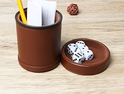 PU Leather Dice Cup Set with Lid Dark Brown Felt Lining Quiet Shaker Cup Includes 6 Dot Dice for Liars Dice Farkle Yahtzee Board Games, 1 Pack - color: Darkbrown